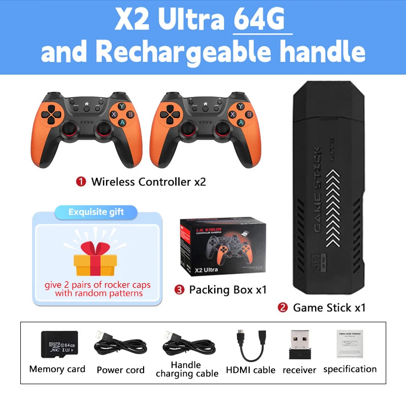 X2 Ultra Retro Game Stick Built-in 37000+ Games 40 Simulators Video Consoles 4K HD TV Handheld Game Player Wireless Game Console