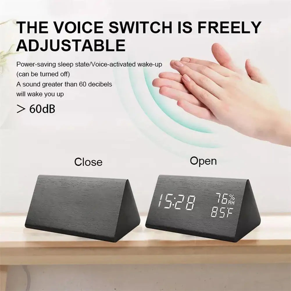 Digital Alarm Clock Desktop Wooden Snooze LED Clocks Sound Control Electronic Display Clock Thermometer Home Decor Gift
