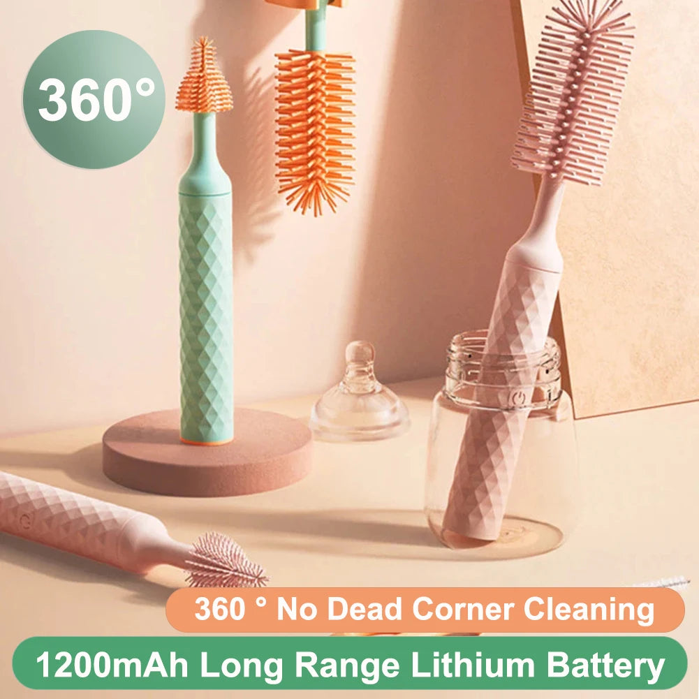 Electric Silicone Bottle Brush Baby Pacifier Thermos Cup Straw Cleaning Brush Long Handle Travel Cleaning Tools Set 1200mAh