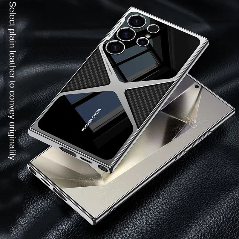 S24 Ultra Electroplated Plain Leather  Phone Case for Samsung Galaxy S24 S23 Ultra 5G PC+TPU Shockproof Protective Cover