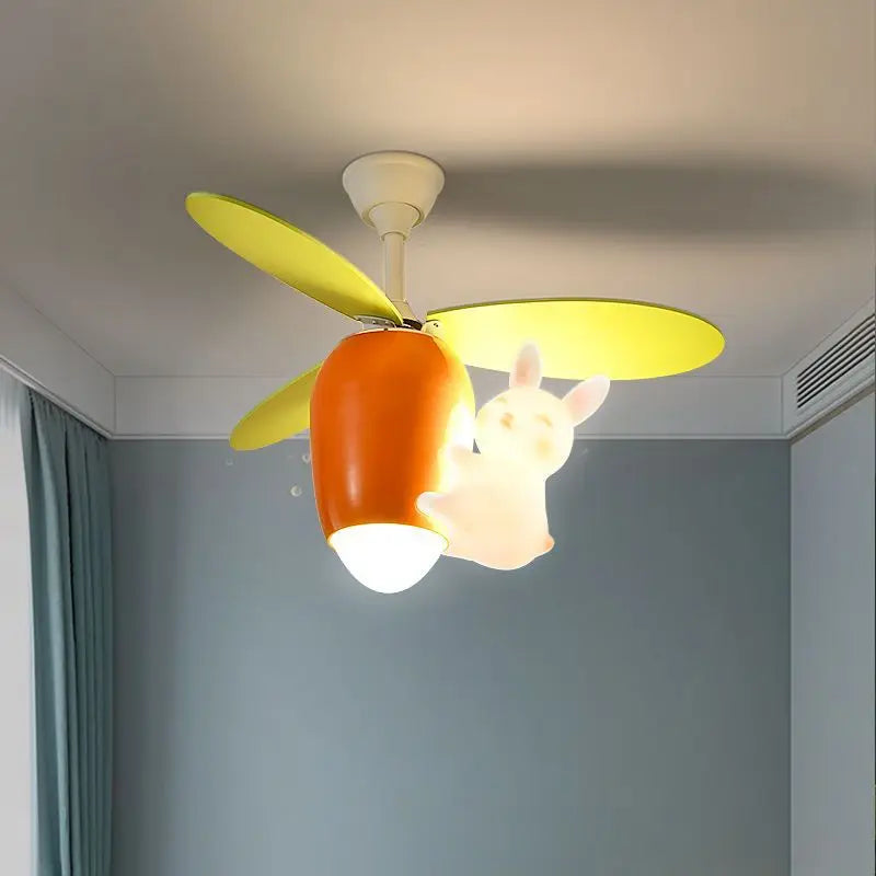 Children&#39;s Room Pendant Light Fan Cute Cartoon Rabbit Carrot Helicopter Shaped Boy And Girl Bedroom Ceiling Fan Lamp