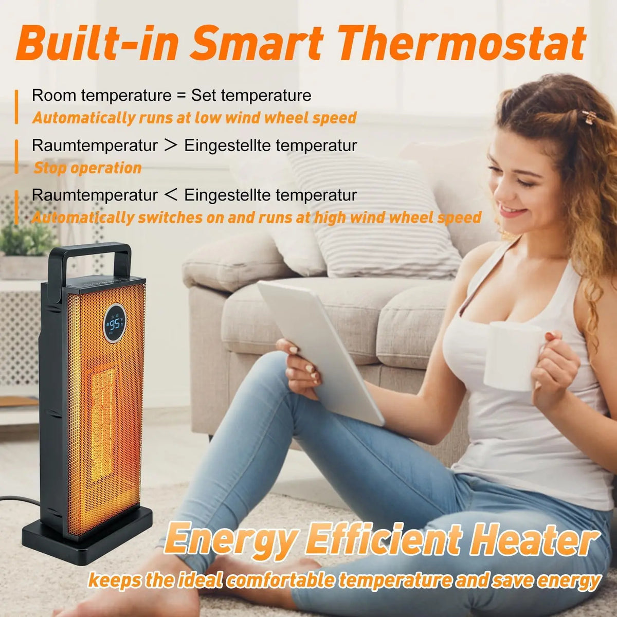 Room Heater 1500W Large Portable Ceramic Tower Heater 12 Hour Timer 3 Modes With Remote Rapid Heating Oscillating Heater