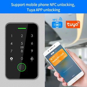 NFC Bluetooth Tuya APP Backlight Touch 13.56Mhz RFID Card Access Control Keypad Door Lock Opener WG Output IP66 Watreproof