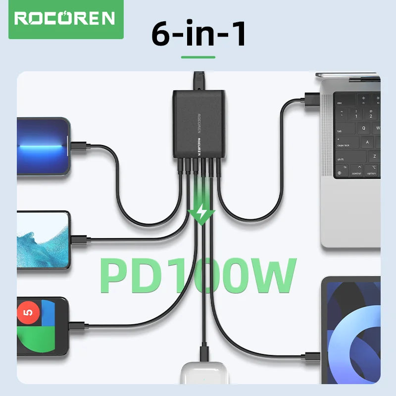 Rocoren 100W GaN Charger USB Type C  PD Fast Charger Quick Charge 4.0 3.0 Multiple Desktop Charging Station For iPhone 15 Xiaomi