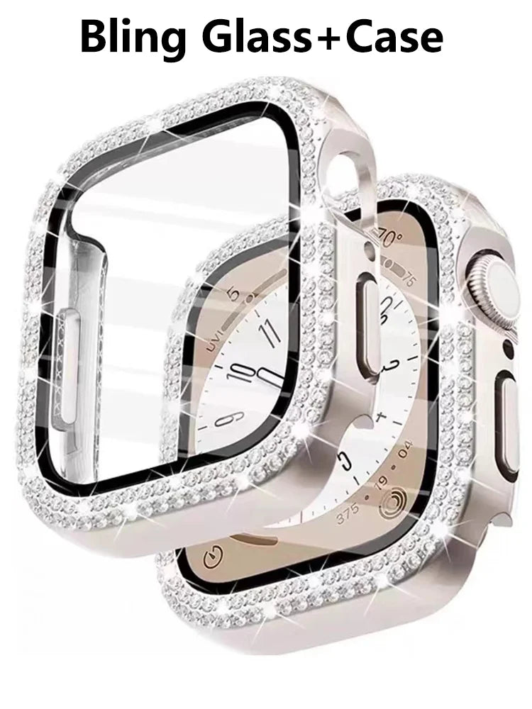 Bling Glass+Cover For Apple Watch Case 44mm 45 41mm 40mm 44 mm women Diamond bumper+Screen Protector iwatch series 7 9 8 5 6 SE - Stereotech