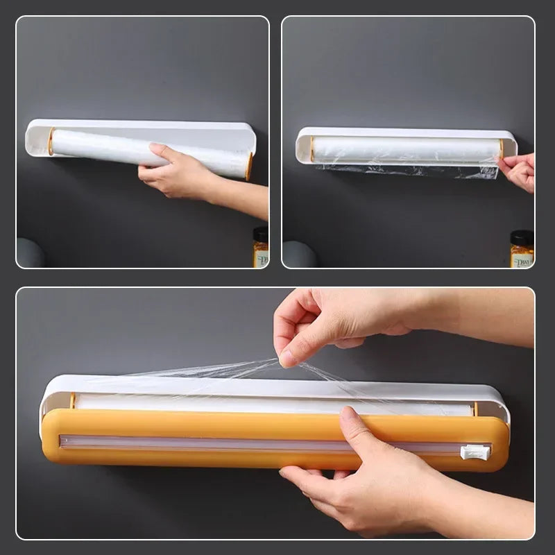 New Food Film Dispenser Magnetic Wrap Dispenser with Cutter Storage Box Aluminum Foil Stretch Film Cutter Kitchen Accessories - Stereotech