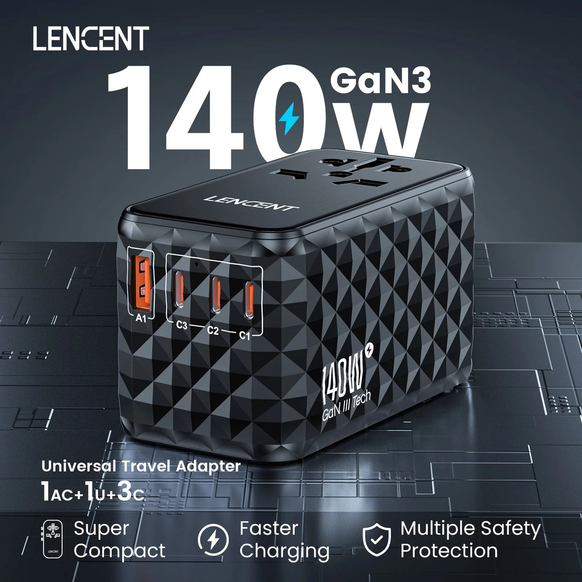 LENCENT 140W GaN Universal Travel Adapter with 1USB-A Ports 3 Type C Fast Charging Power Adapter EU/UK/USA/AUS Plug for Travel