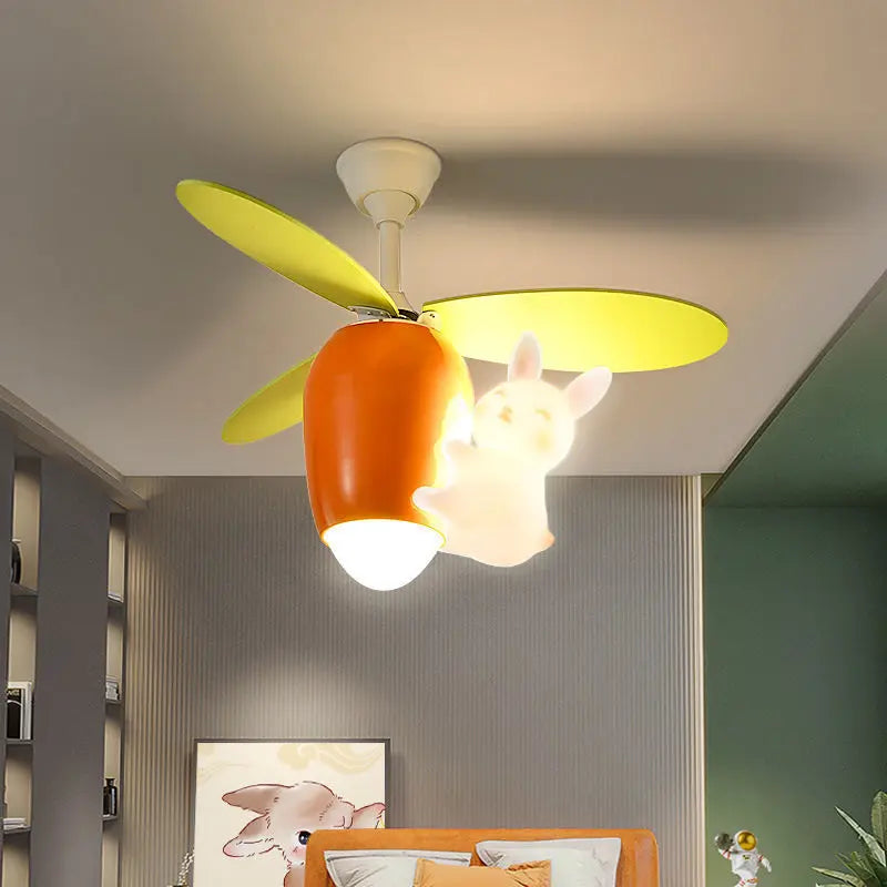 Children&#39;s Room Pendant Light Fan Cute Cartoon Rabbit Carrot Helicopter Shaped Boy And Girl Bedroom Ceiling Fan Lamp