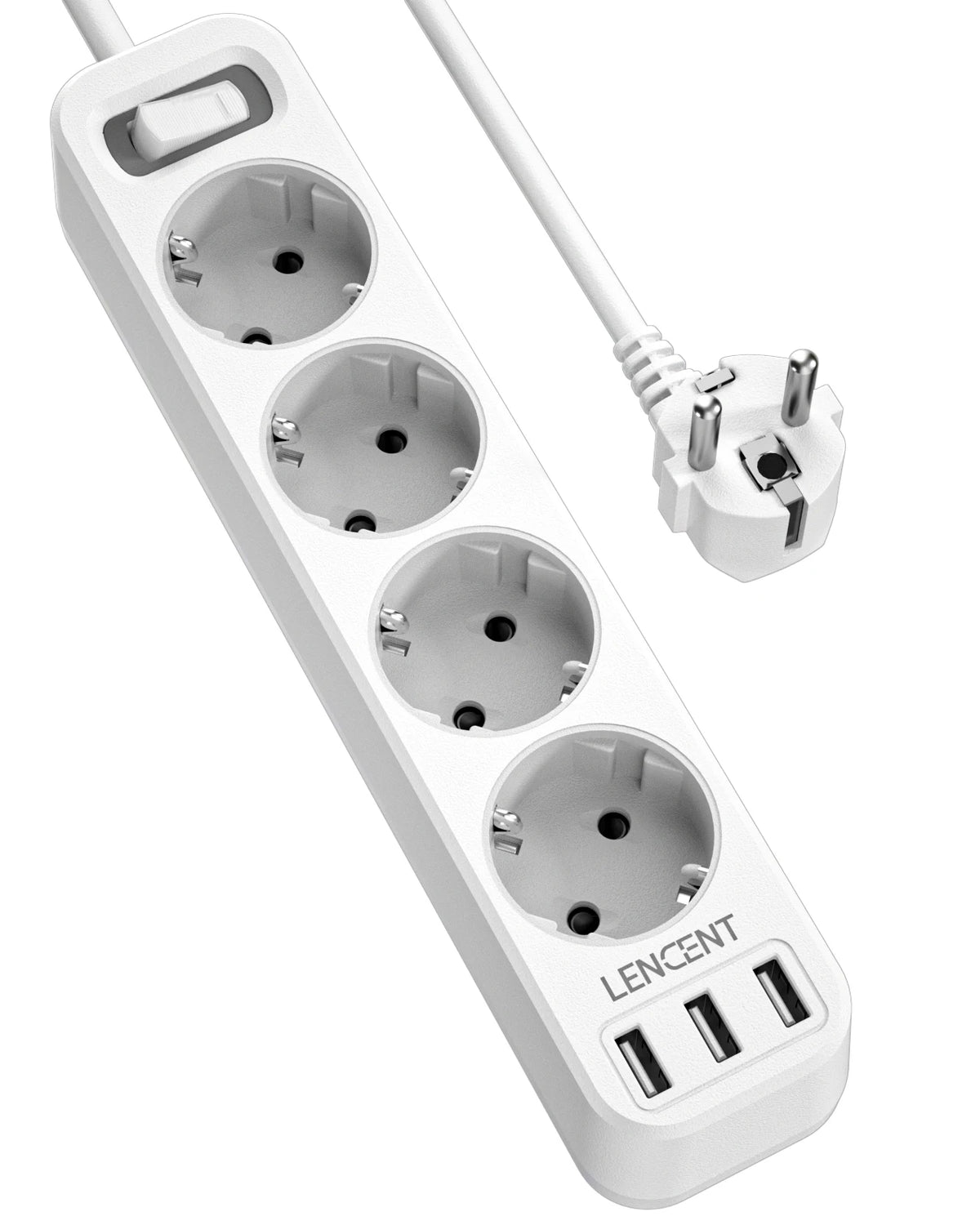 LENCENT EU Power Strip with 4 Outlets and 3 USB Ports 5V/2.4A  4000W 7 in 1 Multiple Socket with On/Off Switch 1.5M Cable Socket