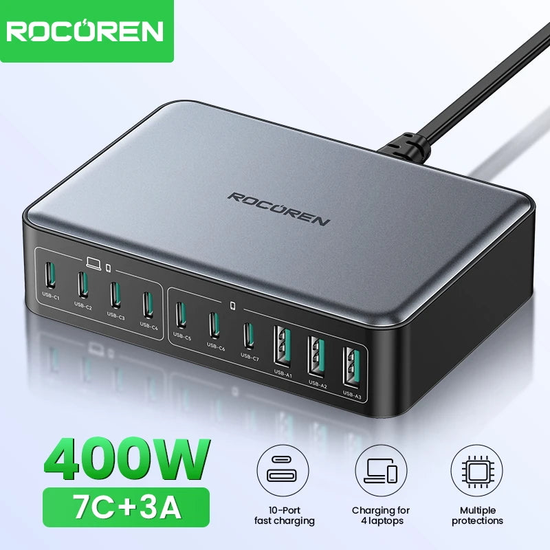 Rocoren 400W 10 Ports GaN Desktop Charger Fast Charging Power Station USB C Type C Quick Charging For iPhone16 15 Pro Samsung