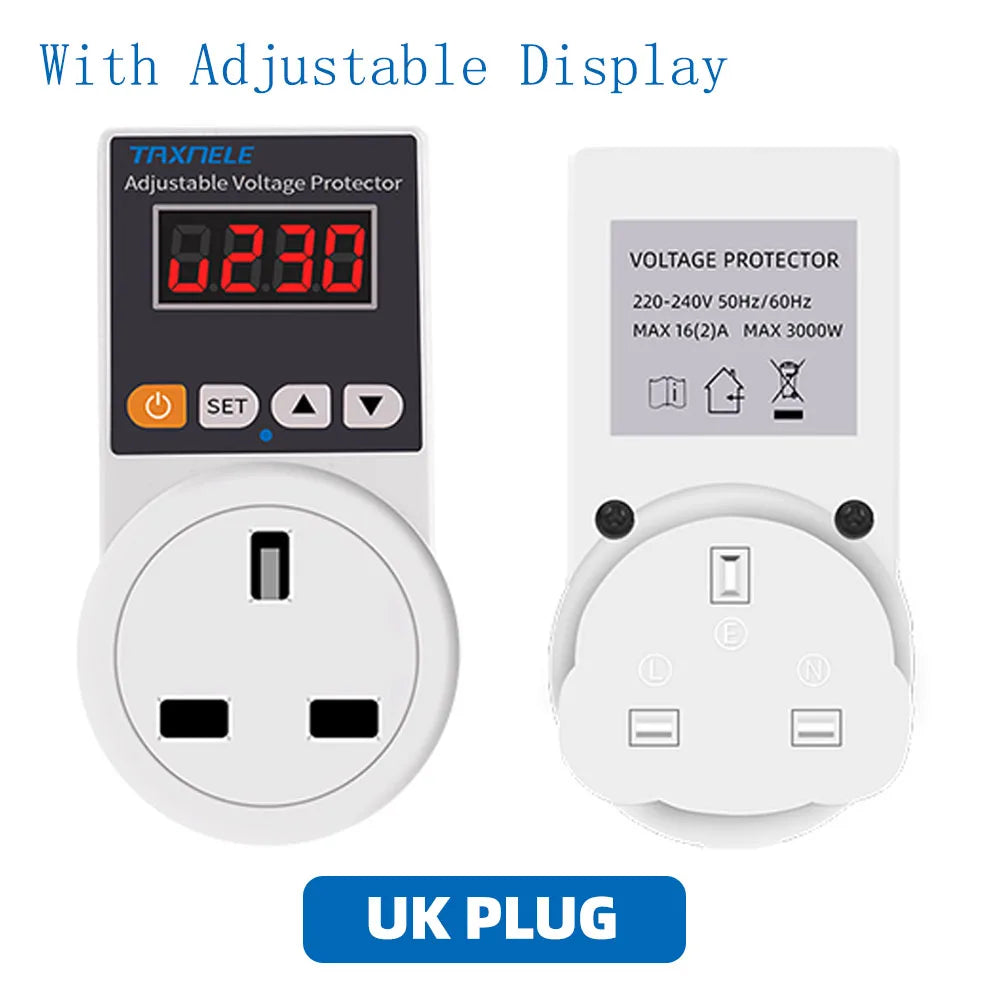 Voltage Protector Socket Automatic Universal/US/EU/UK Plug AC 220V 16A Adjustable Power Surge Voltage Safe Protector