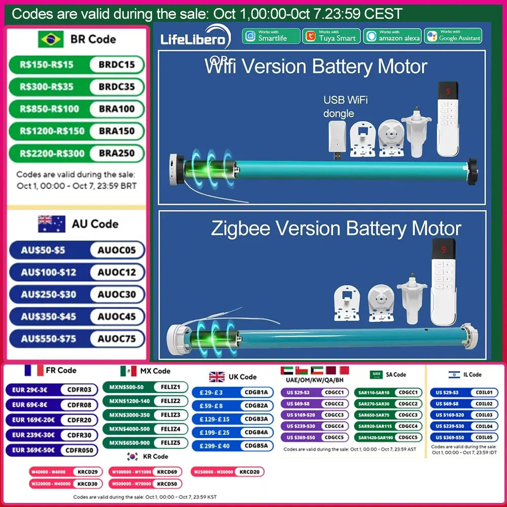 Lifelibero Tuya Battery Zigbee Or Wifi Smart Curtains Electric Roller Motor Blinds For Windows For 37 38mm Tube Work Alexa Voice