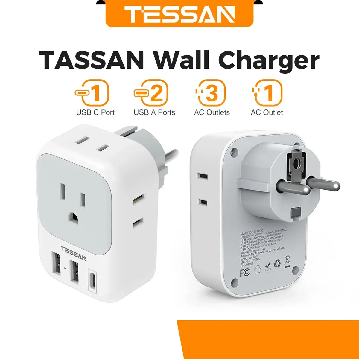 TESSAN US to EU Travel Adapter with 4 AC Outlets 3 USB Ports 7 in 1 Type E/F Plug Adaptor for Spain French Russia Wall Socket