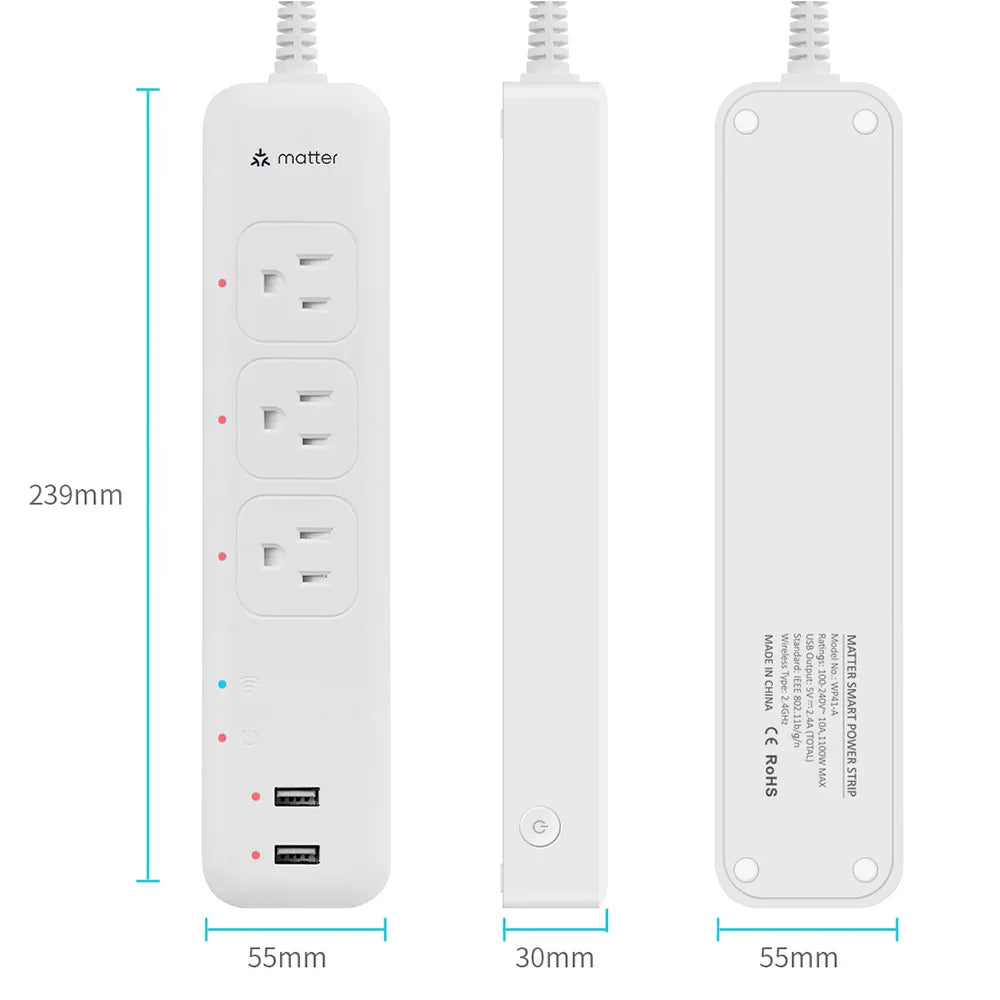 LELLKI Matter US Smart Power Strip Multi Outlet Plug Works with Apple Home Siri Voice Control SmartThings Google Home Timing App