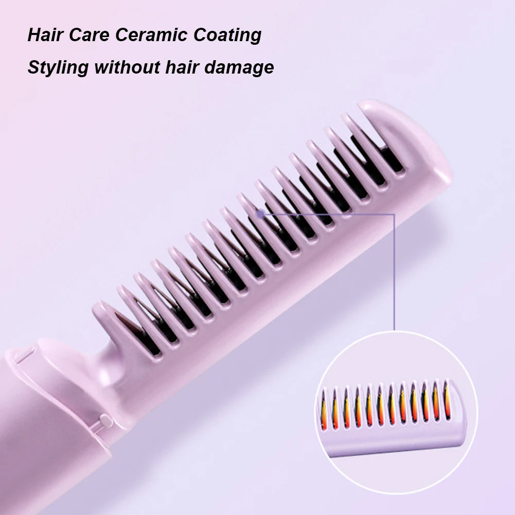 Portable Hair Straightener Brush Wireless Hair Straightening Comb Anti-Scald Smooth Frizzy Hair Fast Heated Mini Hot Air Comb - Stereotech