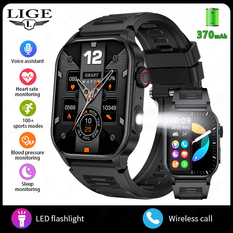 LIGE New Men Smart Watch Flashlight 2.01&quot; HD Large Screen AI Voice Bluetooth Call Sport Watches Health Monitor Smartwatch Women