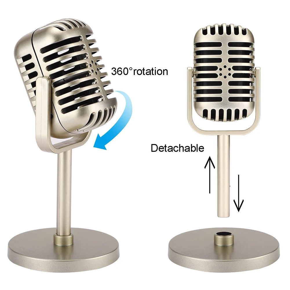 Simulation Props Retro Dynamic Vocal Microphone Vintage Wireless Mini Mic Universal Stand For Stage Live Performance Karaoke - Stereotech