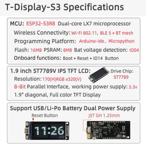 LILYGO® T-Display-S3 ESP32-S3, ST7789 1.9 Inch LCD Display Development Board, Wi-Fi Bluetooth Module, Flash 16MB, Custom Button