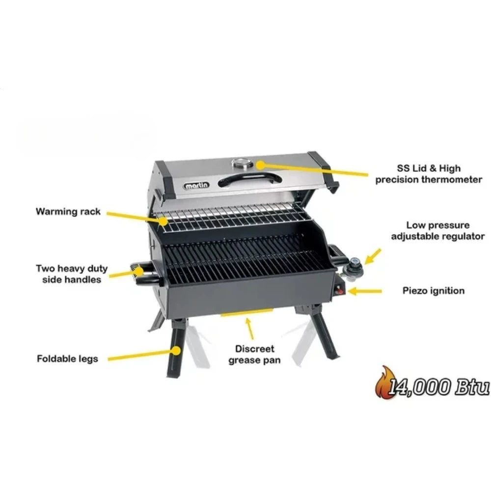 Barbecue Grill Portable Propane Gas Grill - 14000 BTU Tabletop BBQ with Porcelain Grate Folding Support Legs and Grease Pan Bar - Stereotech
