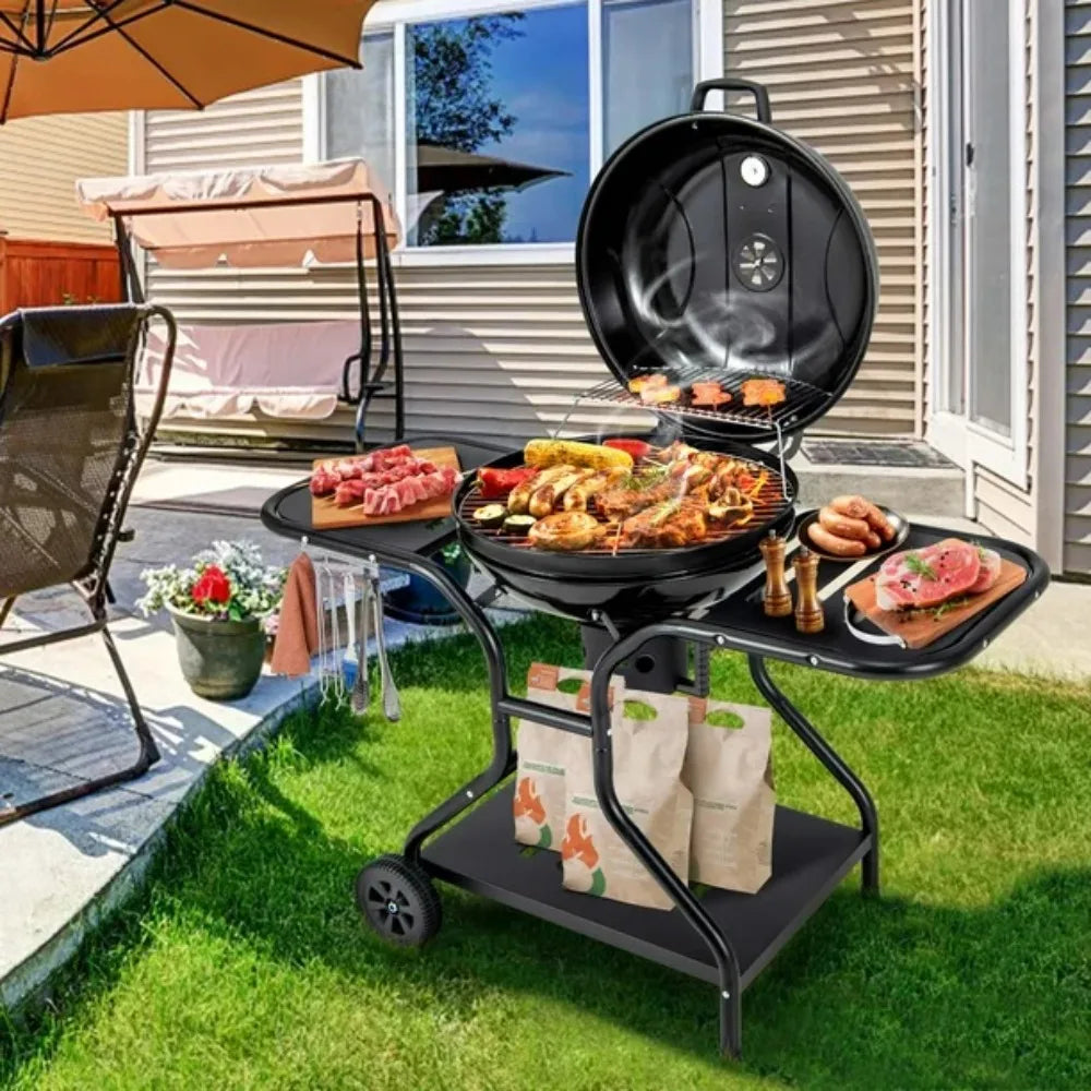 Garden Grill 22 Inch Charcoal BBQ Grill With Built-In Thermometer Wheels Side &amp; Bottom Shelves Barbecue Brazier Camping Supplies - Stereotech