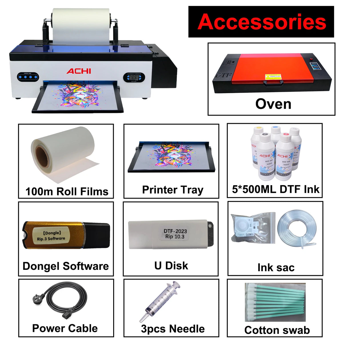 ACHI DTF Transfer Printer R1390 DTF Printer T Shirt Printing Machine With Curing Oven for Clothes Hoodies Jeans Textile US Stock - Stereotech