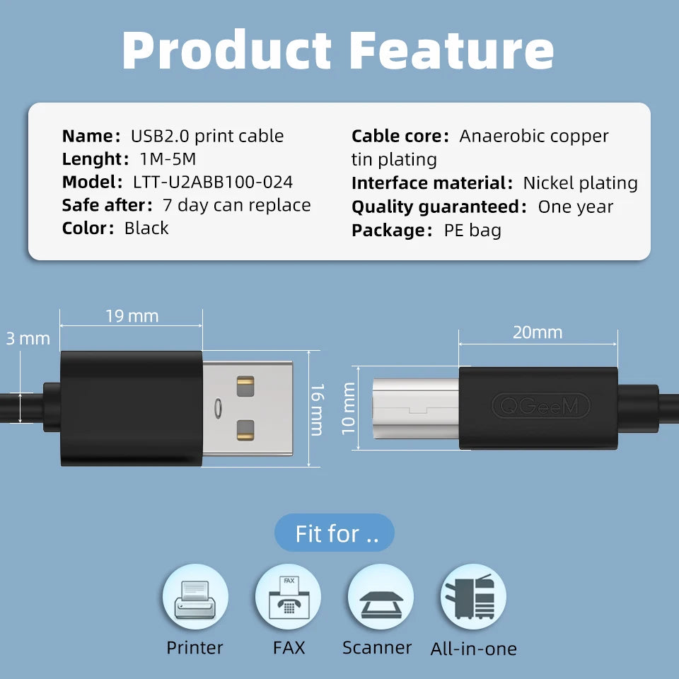 USB B Cable USB 2.0 Type A Male to B Male Scanner Printer Cable Sync Data Charger Cable for Printer for Laser Printer Sales