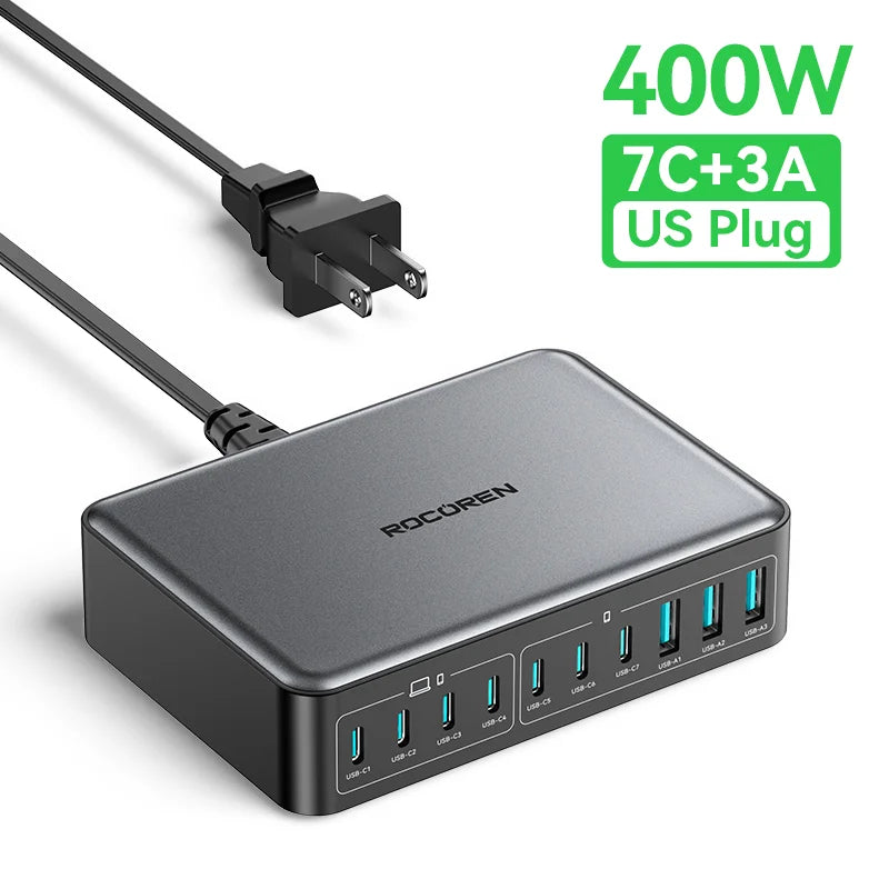 Rocoren 400W 10 Ports GaN Desktop Charger Fast Charging Power Station USB C Type C Quick Charging For iPhone16 15 Pro Samsung