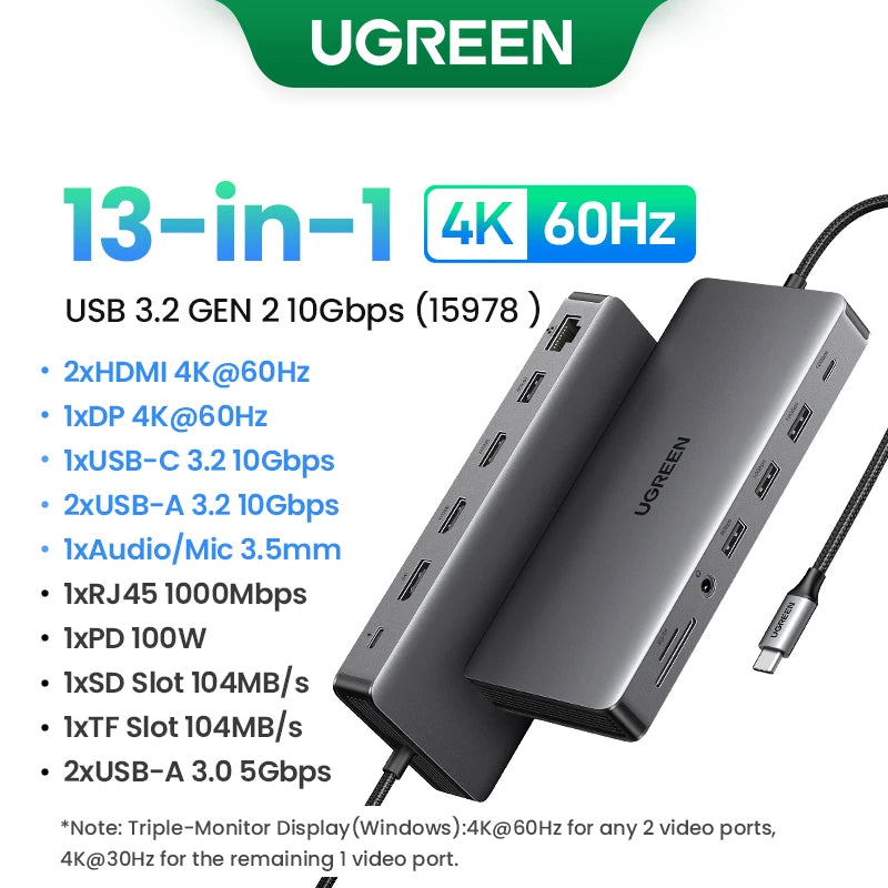 UGREEN USB C Docking Station 13 in 1 4K Triple Display Dual HDMI 10Gbps USB C HUB 100W PD SD/TF for MacBook Pro Air Dell XPS