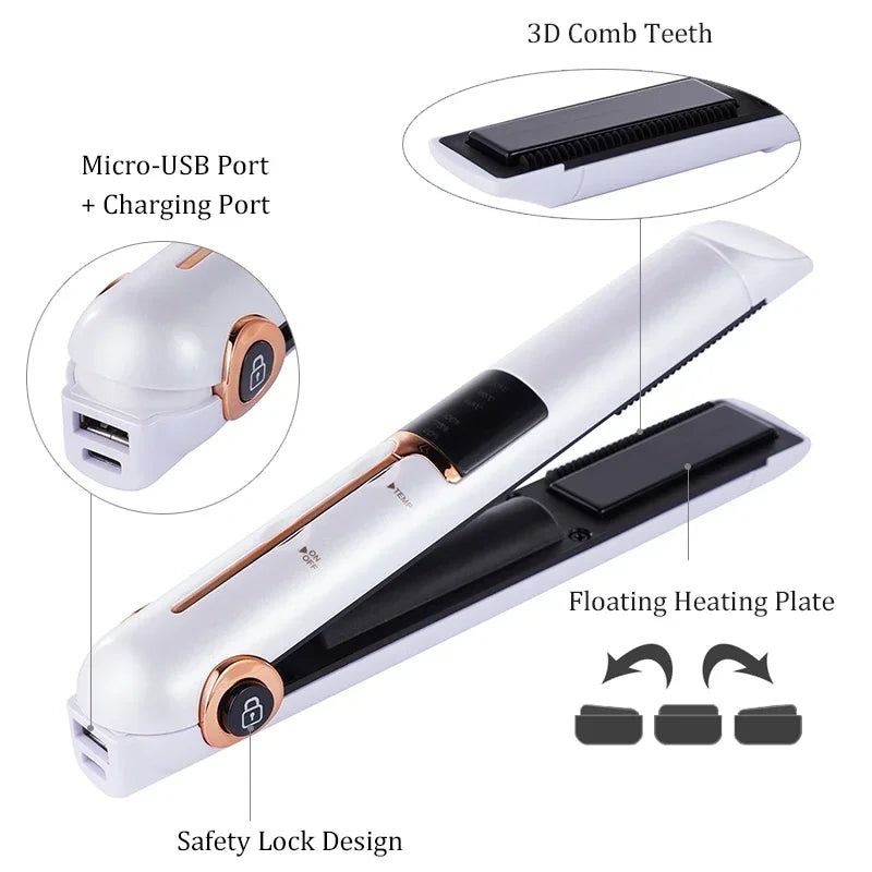 Portable USB Rechargeable Hair Straightener With Power Bank Lock System Travel Flat Irons Wireless Straightening Hair Curler - Stereotech