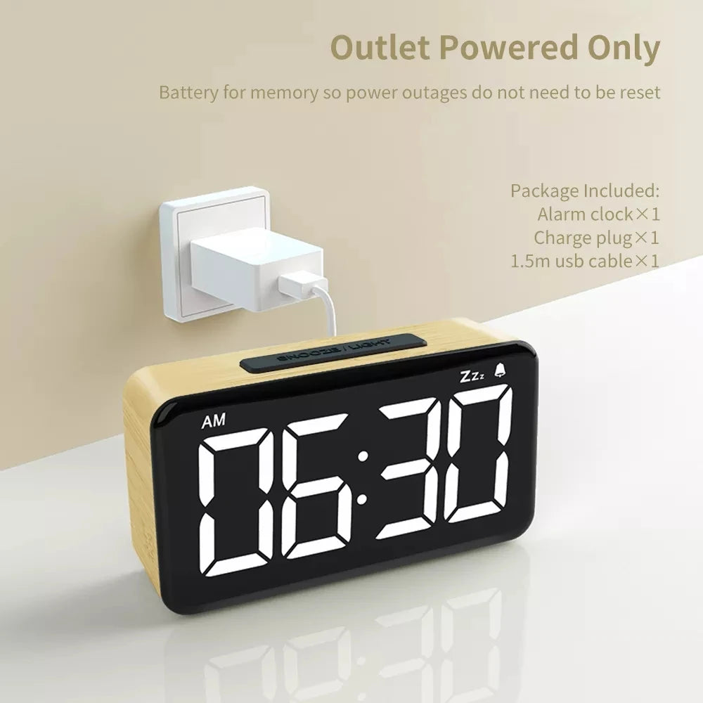 Modern LED Digital Clock Wooden Alarm Clock Snooze Display Time Electronic Desk Table Clock Home Office Desktop Alarm Clock