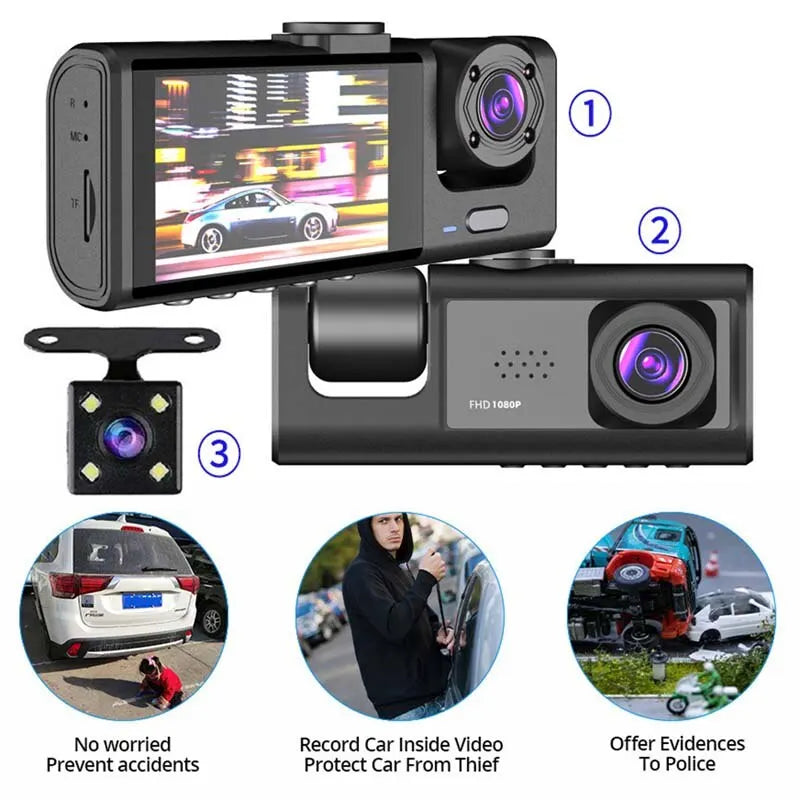 Dash Cam 1080P Car Video Recorder W/ IR Night Vision Loop Recording &amp; 2&quot; IPS Screen 1080P 3 Camera Black Box
