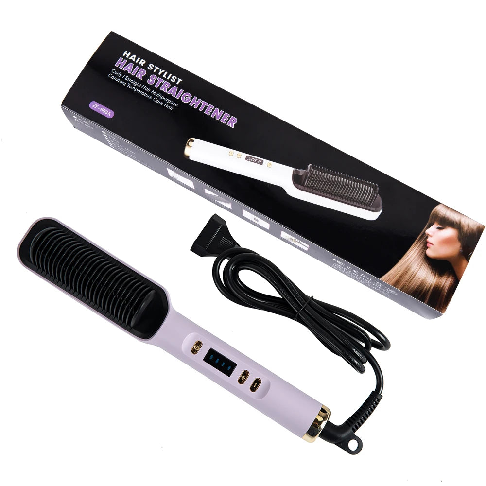 Multifunctional White Pink Ionic Hair Straightener Brush Fast Heating Curler Straightener Comb Styler Electric Fast Heating Comb