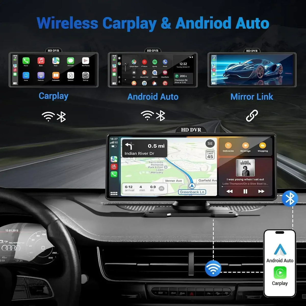 11.26&#39;&#39; inch Car DVR 4K Dash Cam Dual Lens Wireless Carplay &amp; Android Auto Video Recorder Monitor GPS Navigation 5G Wifi FM AUX