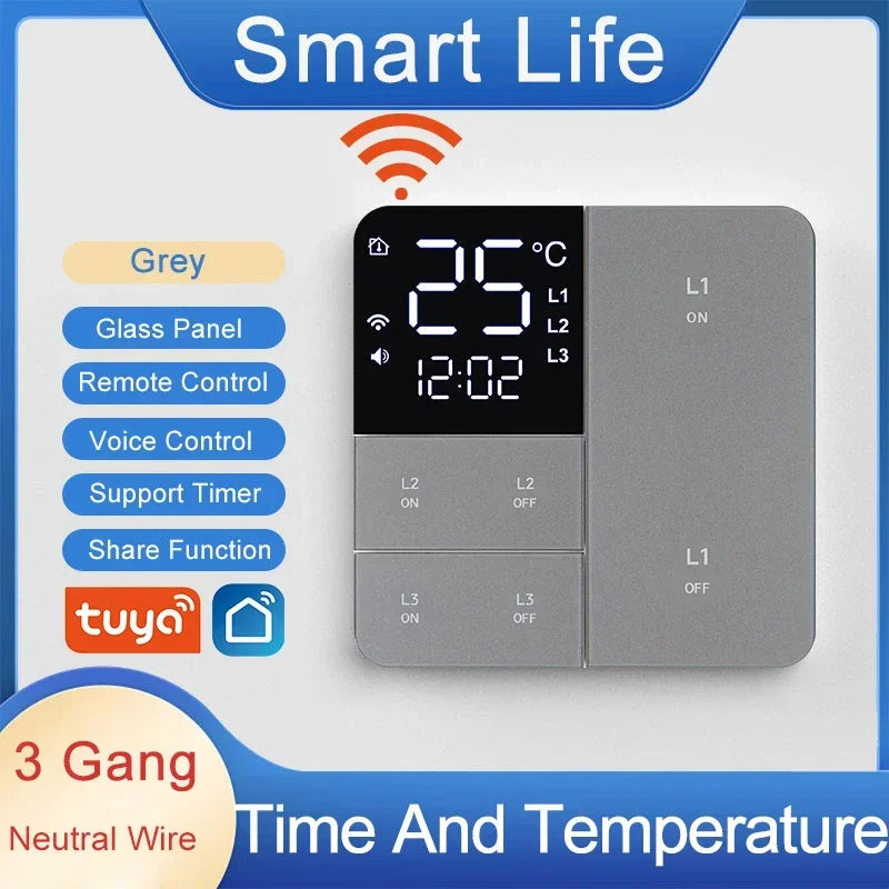 Tuya Smart Wifi Switch With temperature time display function 100-250V 1/2/3 Gang Wall Light Button Switch Timing remote control