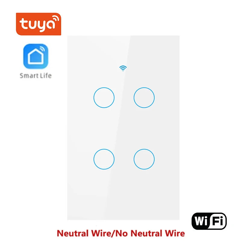 Tuya Smart Switches US Neutral Wire/No Neutral Wire Required Light WiFi Touch Switch 1/2/3/4 Gang Via Alexa Google Home Alice