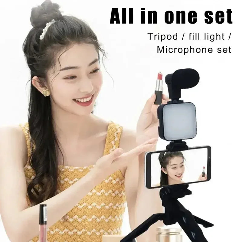 Smartphone Vlogging Kit With Tripod Phone Holder For TikTok Live Stream Video Mini Microphone LED Fill Light Starter - Stereotech