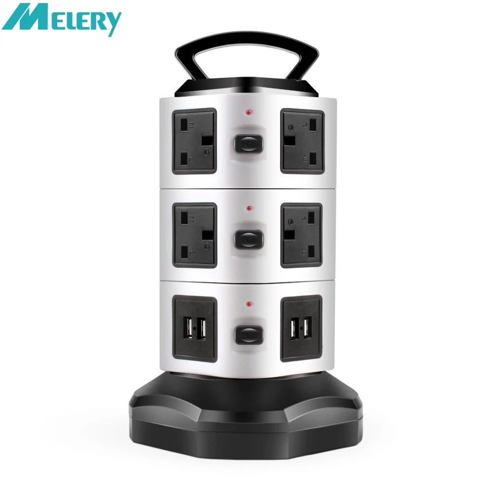 Melery Vertical Power Strip Surge Protector Tower Layer Outlet UK Electric Plug Socket USB Charger 3m Extention Cord Office Home