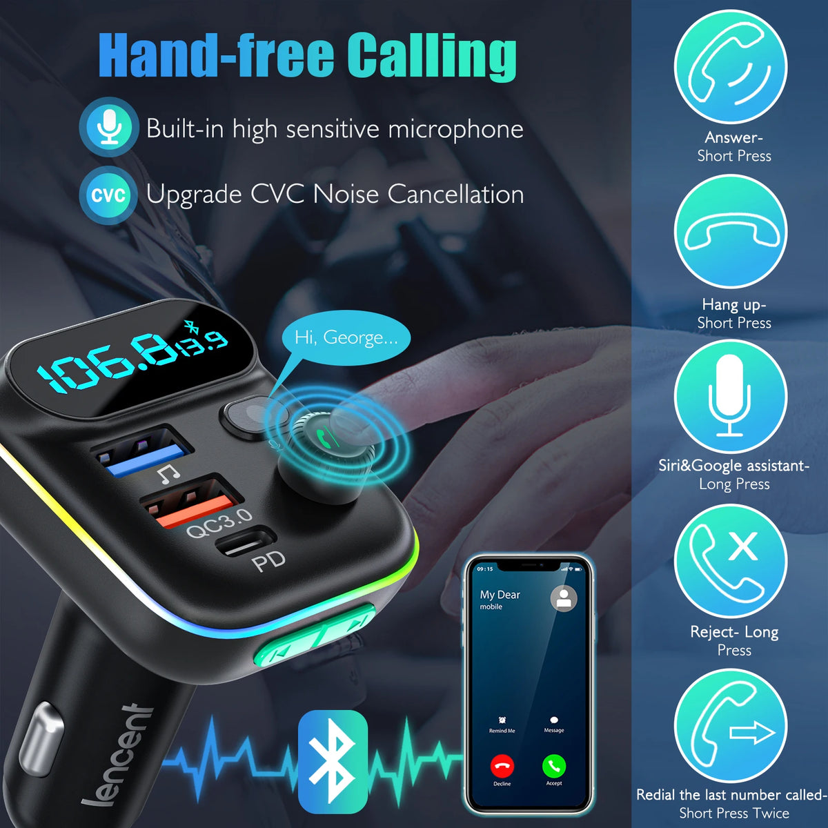 LENCENT FM Transmitter Wireless Bluetooth 5.0 Radio Car Kit  with Type-C PD + QC3.0 Fast USB Charger Mp3 Player Receiver Hi Fi