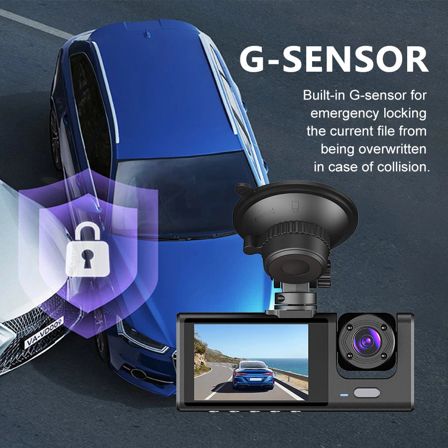 3 Channel DashCam 1080P FHD Car Camera, Front Rear Inside 3-Lens Car DVR Recorder, Equipped 2&quot; IPS Screen Vehicle Camera
