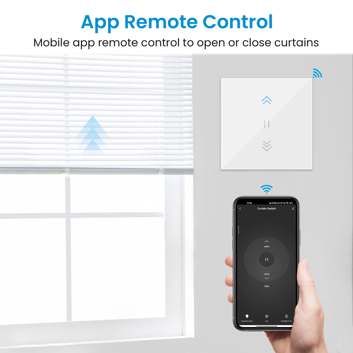 QCSMART Sunshade Curtain Blinds Switch Backlight RF &amp; WiFi Remote Control Tuya Smart Life App Google Home Alexa Echo