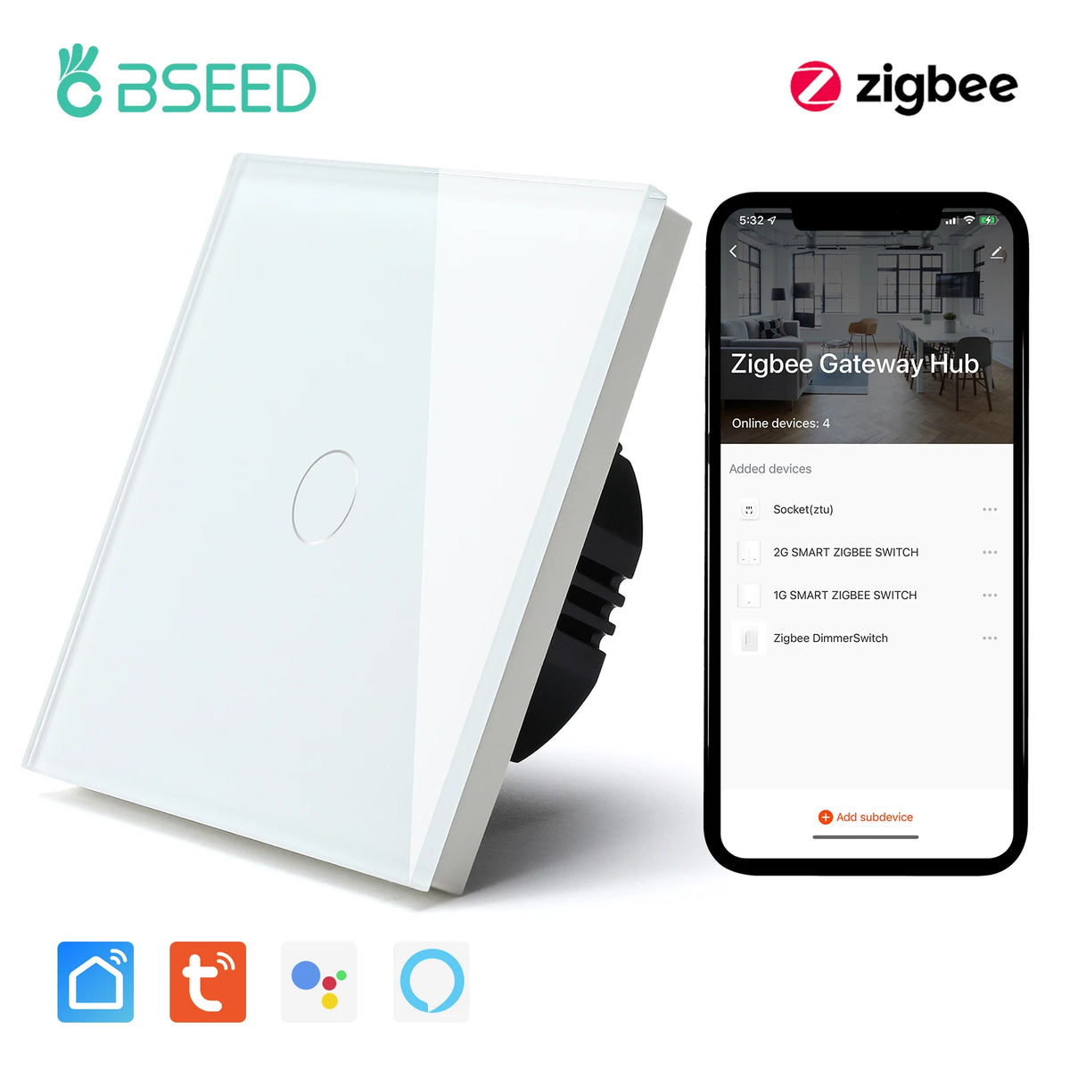 BSEED Zigbee 1/2/3 Gang 1 Way Smart Switch Single Live LED Buttons Glass Panel Work With Google Home EU Touch Switch Smart Life