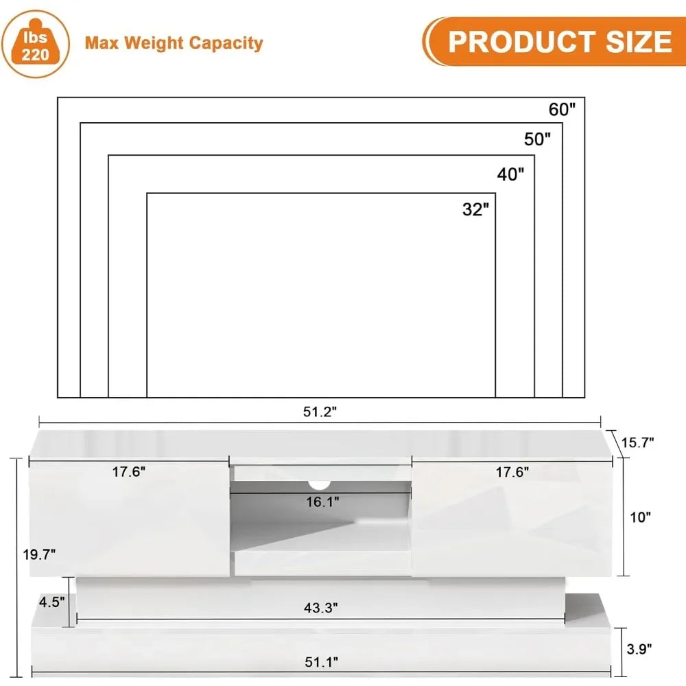 White LED TV Stand - Modern TV Stand with Led Lights and Storage Drawers for TVs up to 55 Inch - Gaming TV Entertainment Stand