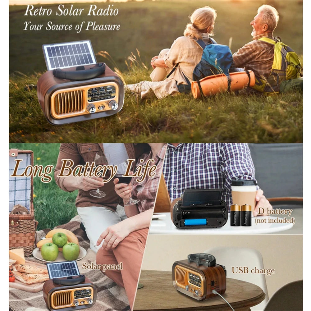 Solar Panels AM FM Portable Stereo Bluetooth-compatible Speaker Radio USB Rechargeable Vintage 3 Band Large Tuning Knob Radio