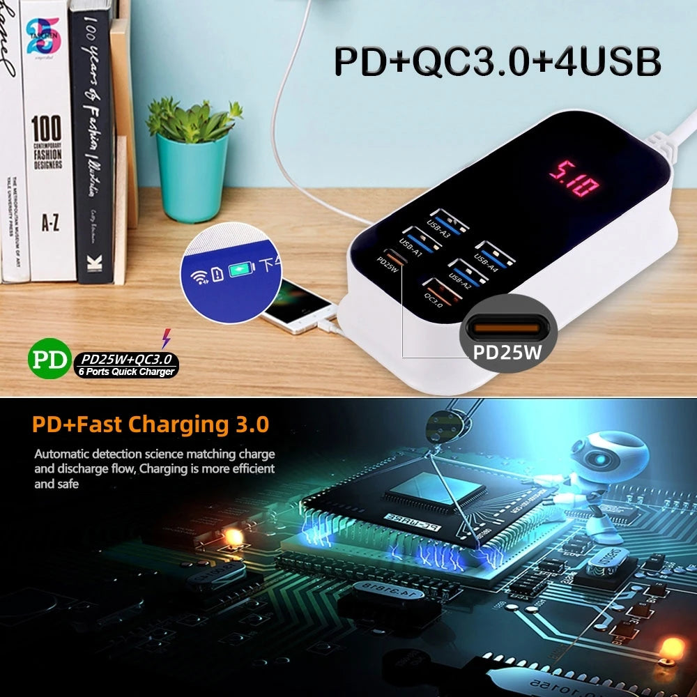 50W Multiple Port USB Charger PD25W Type C QC3.0 Fast Charging Desktop Wall Power Adapter Phone UK EU US Korea Plug Quick Charge