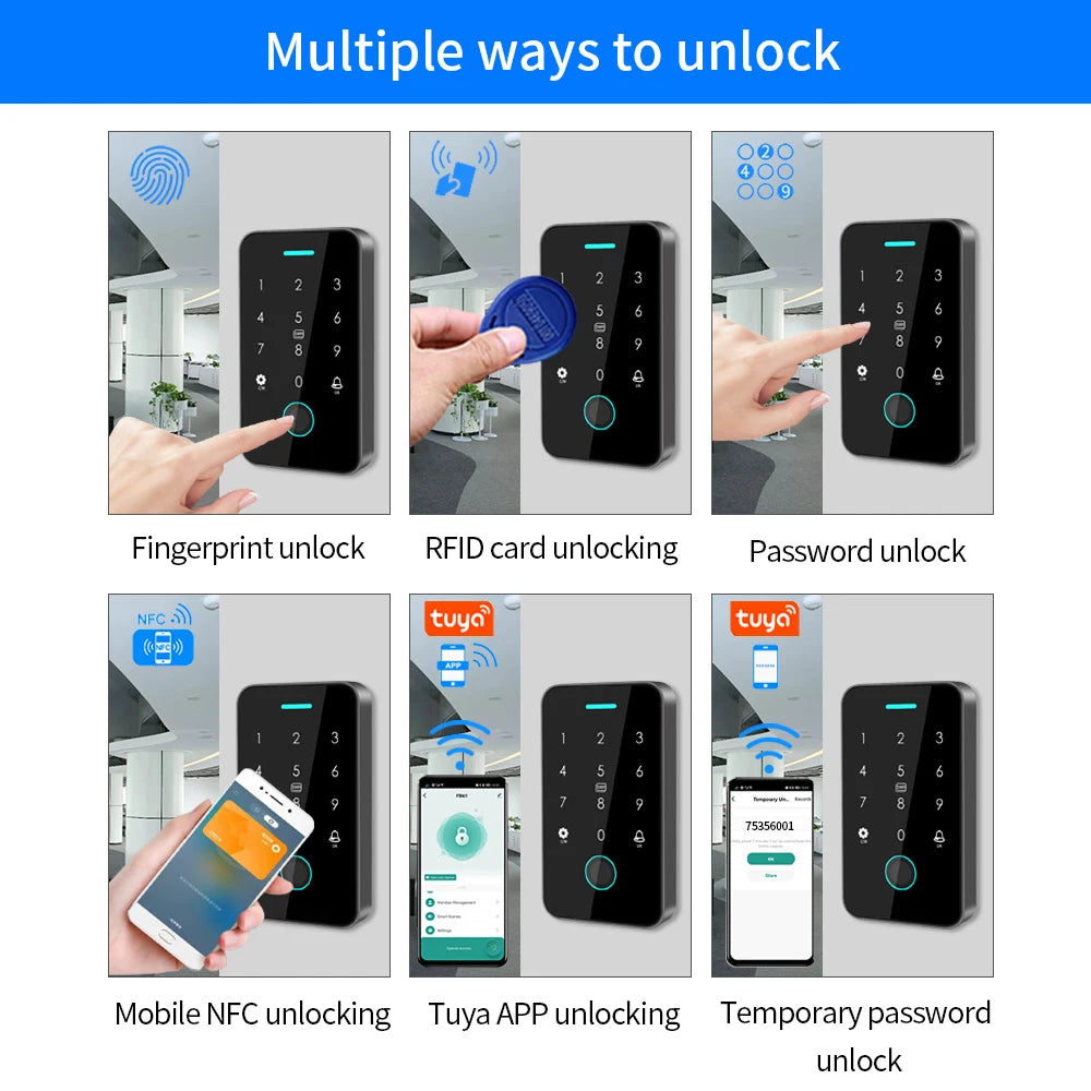 NFC Bluetooth Tuya APP Backlight Touch 13.56Mhz RFID Card Access Control Keypad Door Lock Opener WG Output IP66 Watreproof