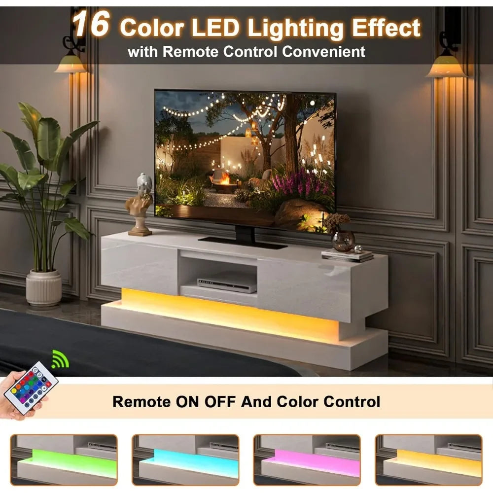 White LED TV Stand - Modern TV Stand with Led Lights and Storage Drawers for TVs up to 55 Inch - Gaming TV Entertainment Stand
