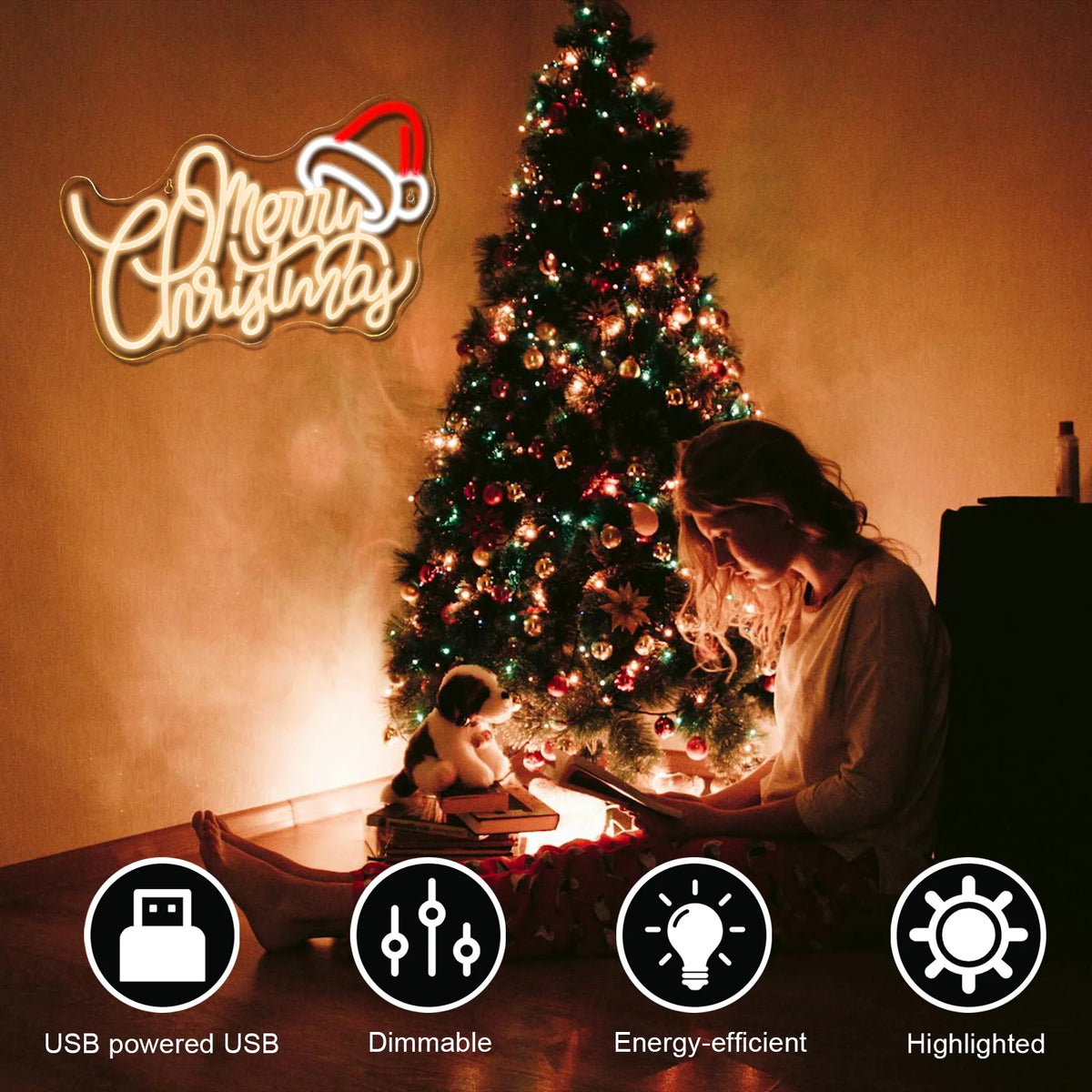 Merry Christmas Neon Sign Led Santa Hat Xmas Room Decoraiton For Navidad Party Home Bars Bedroom Club USB Powered Letter Lights