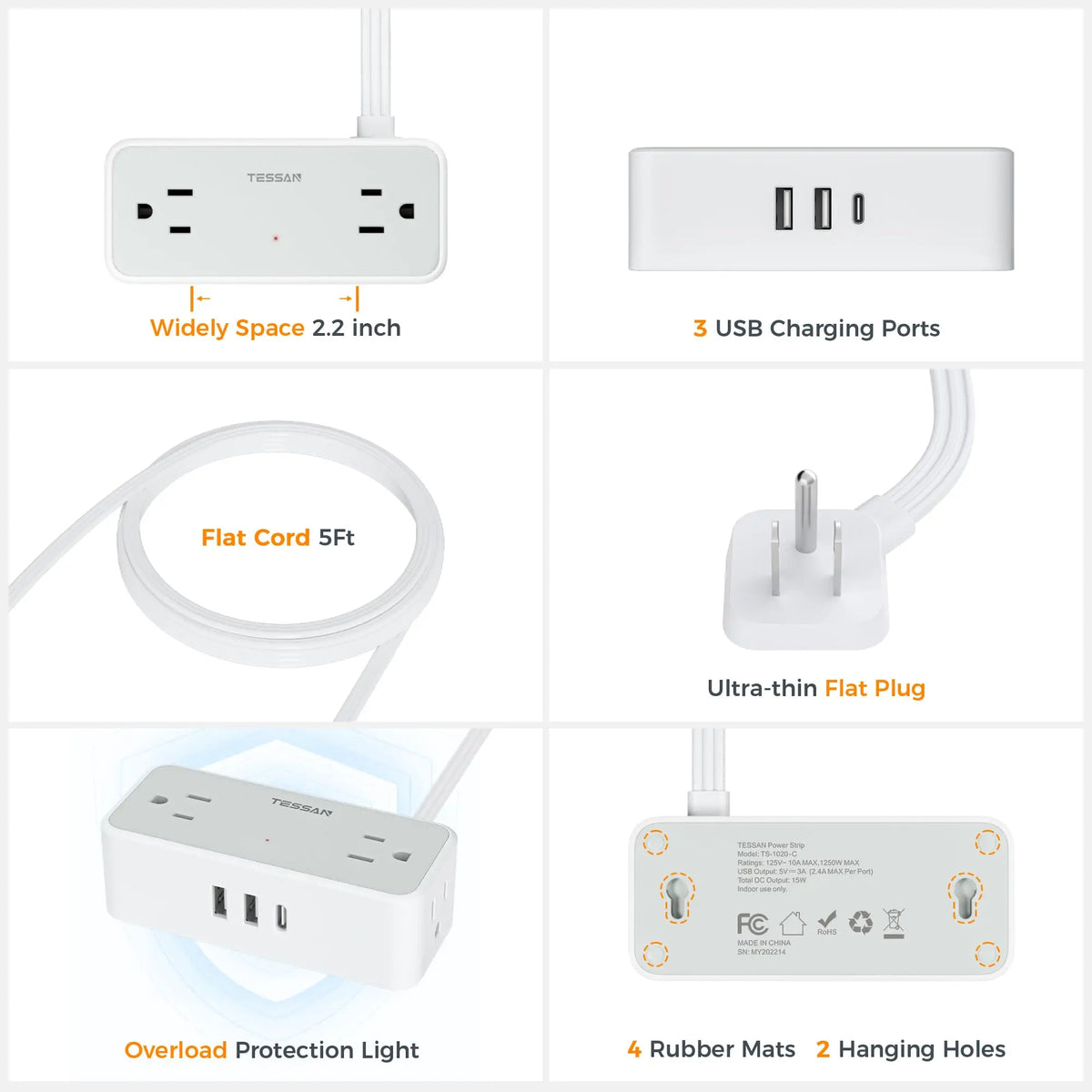 TESSAN Ultra Thin Extension Cord Power Strip with 3 USB 4 AC Adapter Mini Charging Station for Cruise Travel Office School