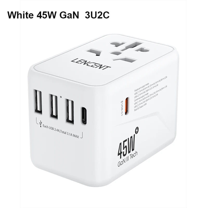 LENCENT 65W GaN Universal Travel Adapter with 2 USB Ports 3 Type C Fast Charging Power Adapter EU/UK/USA/AUS plug for Travel
