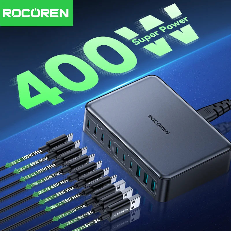 Rocoren 400W 10 Ports GaN Desktop Charger Fast Charging Power Station USB C Type C Quick Charging For iPhone16 15 Pro Samsung